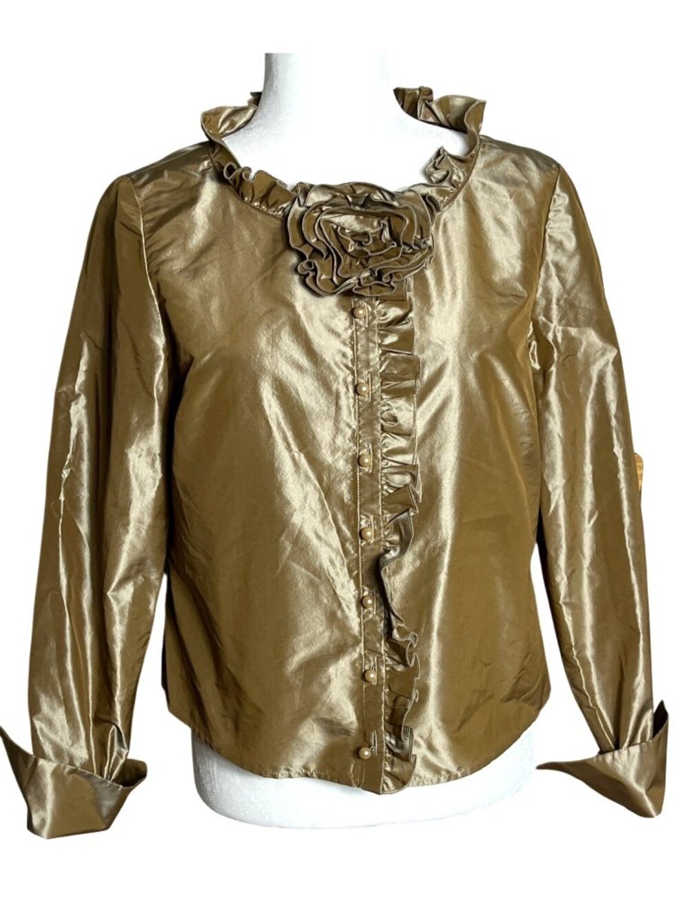 Vtg 80s Carlisle Silk Blouse Gold Ruffle Rosette Glam Tafetta Unique Luxury Wm 6